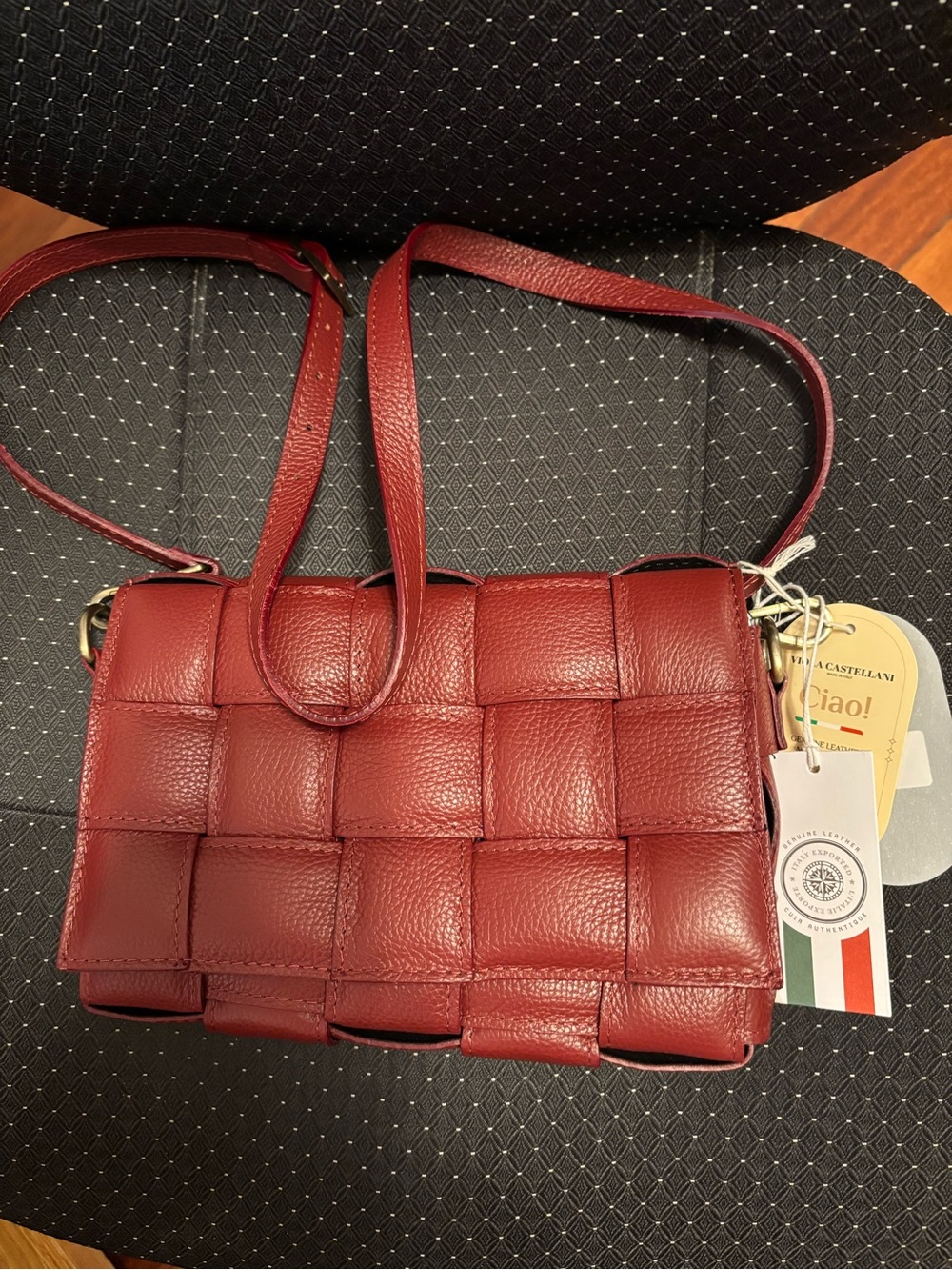 Viola Castellani Basket Weave Leather Shoulder Bag Burgundy Italian Size M